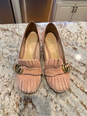 Gucci Pink Suede Fringe Loafers with Gold Double G Hardware